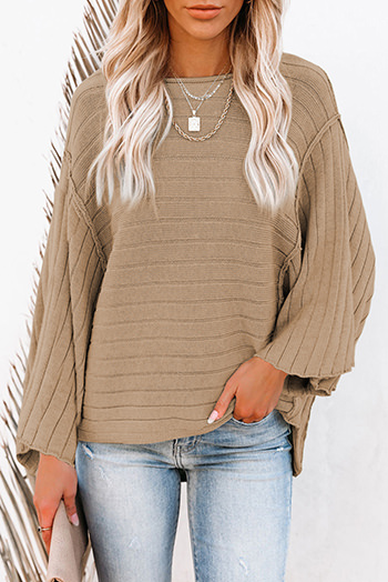 Brown Exposed Seam Ribbed Knit Dolman Top