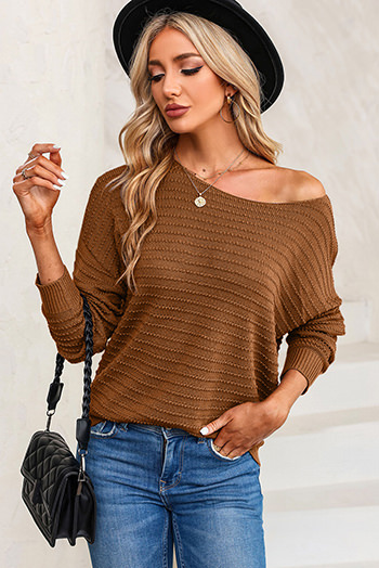 Brown Textured Knit Round Neck Dolman Sleeve Sweater