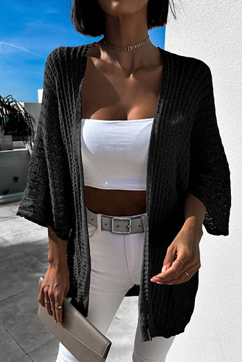 Black Hollow out Knit Kimono Lightweight Cardigan