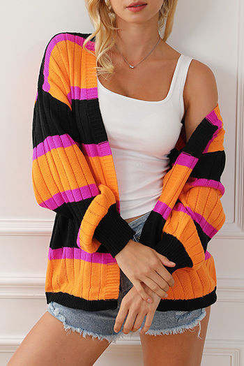 Black Striped Colorblock Drop Shoulder Slouchy Cardigan