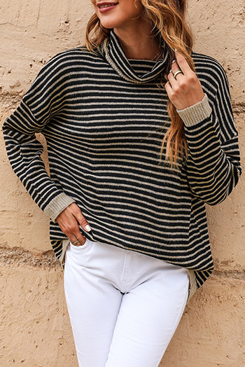 Black Striped Turtleneck Loose Sweater