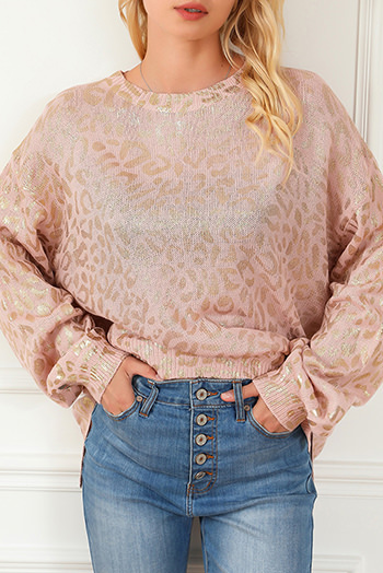 Apricot Glitter Leopard Print Puff Sleeve Sweater