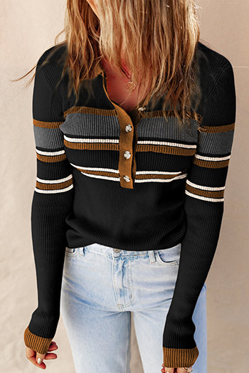 Black Rib Knitted Stripe Detail Henley Sweater