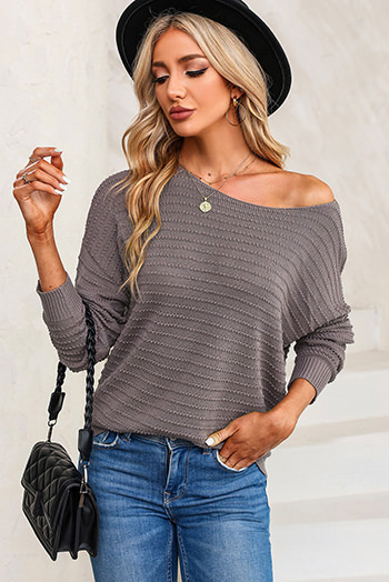 Gray Textured Knit Round Neck Dolman Sleeve Sweater