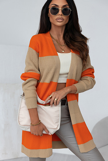 Orange Colorblock Ribbed Knit Cardigan