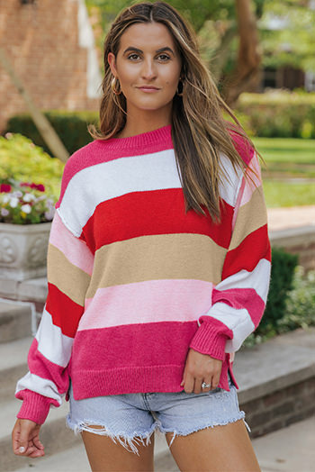 Fiery Red Mix Horizon Stripes Dolman Sleeve Sweater