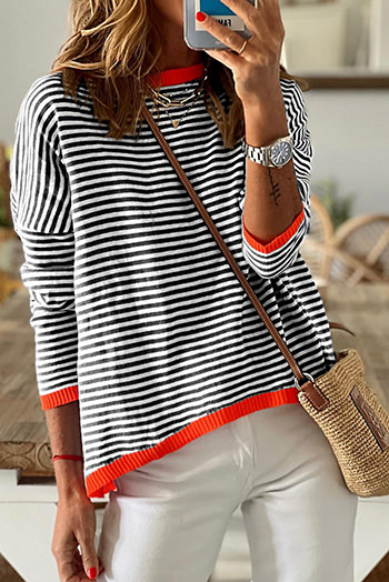 Black Contrast Trimmed Striped Drop Shoulder Sweater