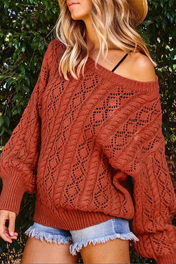 Orange Exquisite Knitted Drop Shoulder Puff Sleeve Sweater