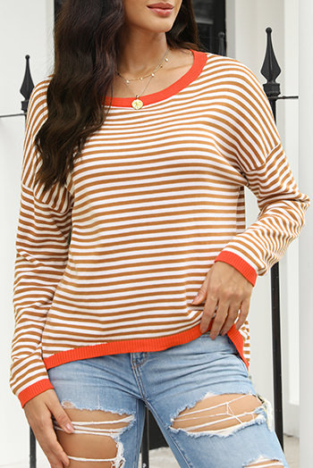 Brown Contrast Trimmed Striped Drop Shoulder Sweater