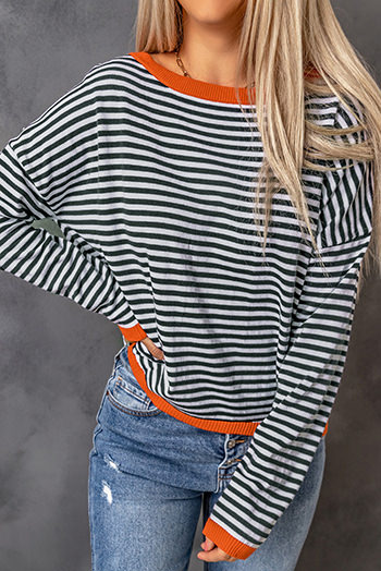 Contrast Trimmed Striped Drop Shoulder Sweater