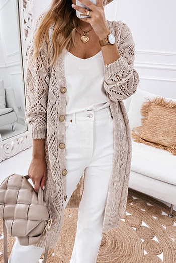 Khaki Hollow out Openwork Knit Cardigan