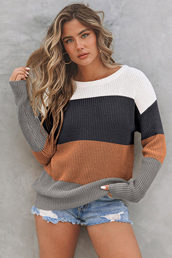 Chestnut Color Block Knitted O-neck Pullover Sweater