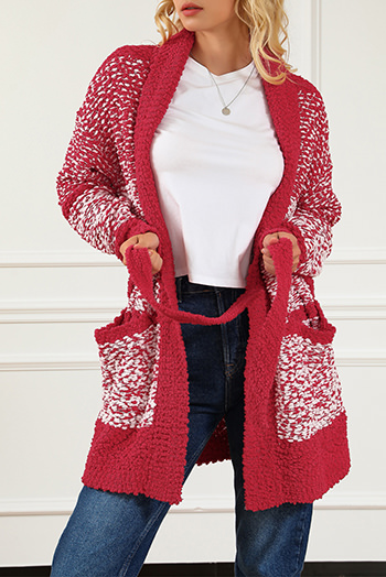 Fiery Red Contrast Trim Belted Chunky Cardigan