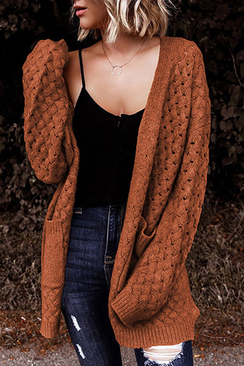 Brown Open Front Woven Texture Knitted Cardigan with Pockets