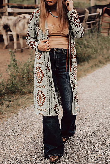 Brown Western Aztec Printed Open Front Long Cardigan