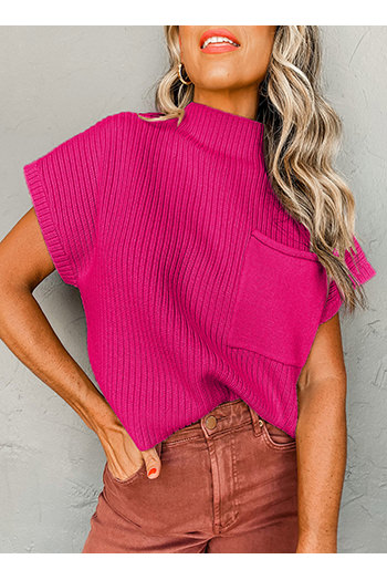 Rose Red Patch Pocket Ribbed Knit Short Sleeve Sweater