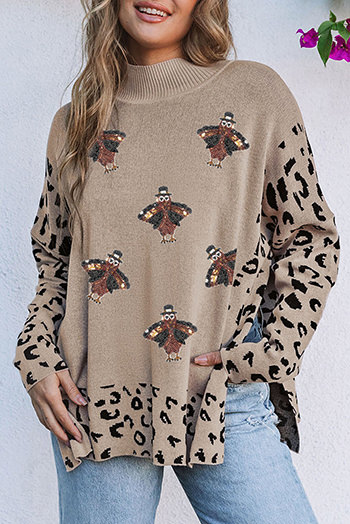 Khaki Sequin Turkey Leopard Pattern High Neck Sweater with Slits