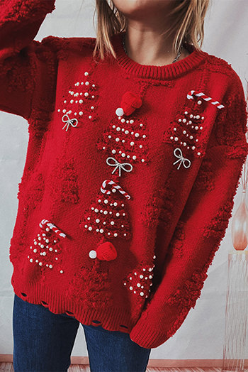 Racing Red Rhinestone Bow Pearl Christmas Tree Round Neck Sweater