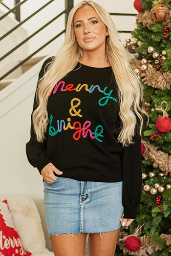 Black Colorful Merry and Bright Tinsel Graphic Sweater