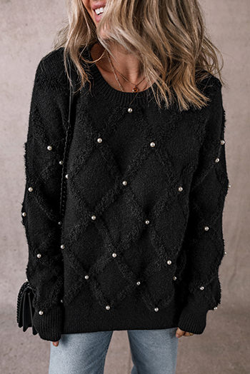 Black Pearl Embellished Rhombus Pattern Sweater