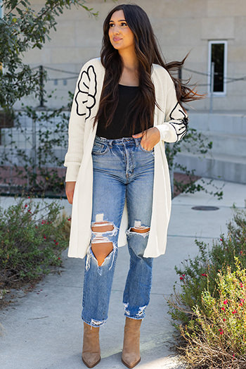 Beige Flower Embroidered Drop Shoulder Open Front Duster Cardigan