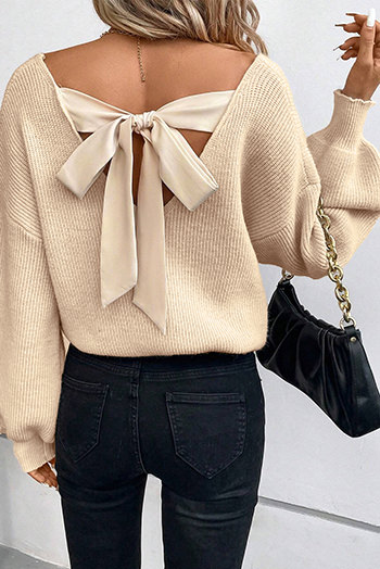 Apricot Lantern Sleeve V Neck Knot Back Sweater