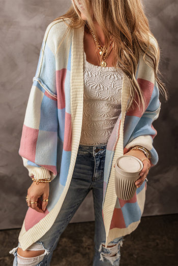 Blue Checkered Drop Shoulder Exposed Seam Open Front Cardigan