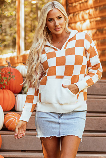 Gold Flame Checkered Split Neck Kangaroo Pocket Hooded Sweater