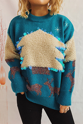 Peacock Blue Sequin Christmas Tree Tinsel Elk Drop Shoulder Sweater