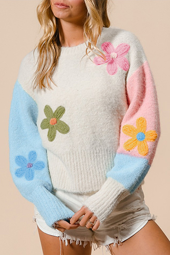 Multicolour Floral Embroidered Colorblock Fuzzy Drop Shoulder Sweater