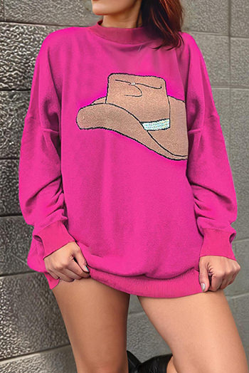 Rose Red YEEHAW Cowboy Hat Drop Shoulder Oversized Sweater