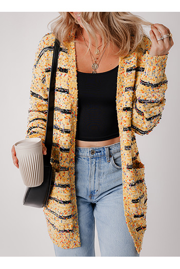 Beige Striped Pom Pom Knit Open Front Long Cardigan