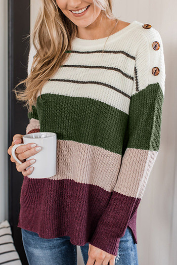 Green Color Block Striped Buttoned Shoulder Split Sweater