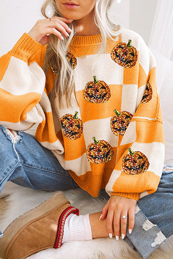 Orange Sequined Halloween Pumpkin Pattern Puff Sleeve Sweater