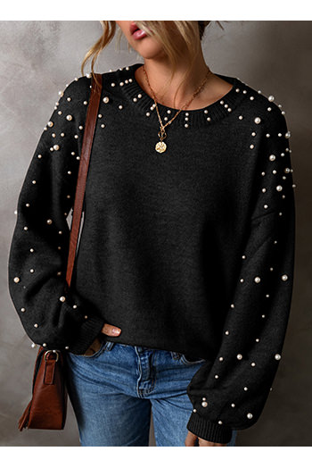 Black Pearled Drop Shoulder Round Neck Sweater