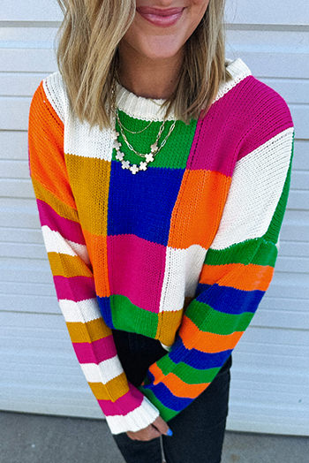 Orange Checkered Color Block Round Neck Loose Sweater