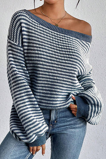 Sail Blue Striped Lantern Sleeve Drop Shoulder Cozy Sweater