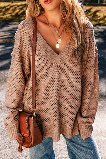 Dark Brown Loose Eyelet V Neck Drop Shoulder Sweater