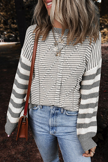 Gray Stripe Geometric Textured Drop Shoulder Sweater