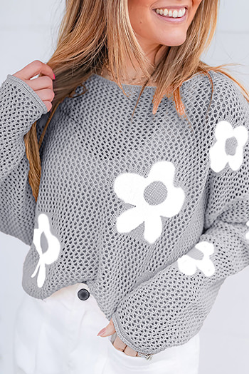 Light Grey Big Flower Hollowed Knit Drop Shoulder Sweater