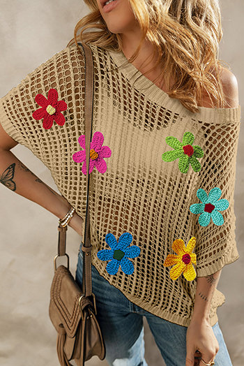 Light French Beige Crochet Flower Hollow out Sweater T Shirt