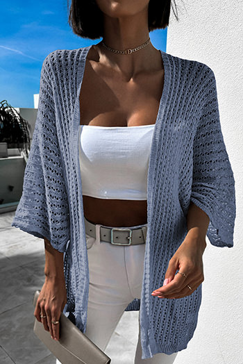 Sky Blue Hollow out Bracelet Sleeve Knit Cardigan