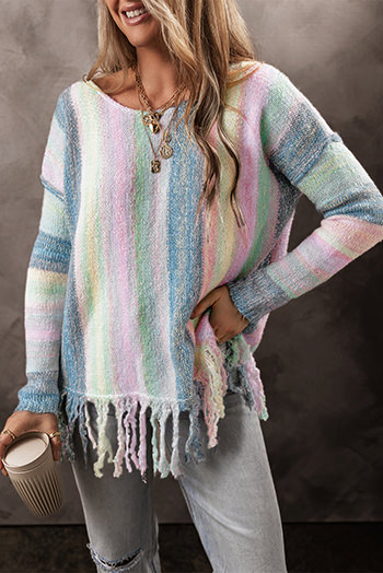 Purple Color Block Fringed Drop Shoulder Tunic Sweater