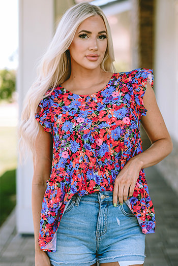 Multicolor Floral Print Ruffle Tiered Short Sleeve Babydoll Top