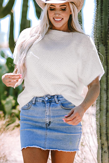 White Fuzzy Eyelet Knitted Sweater T Shirt