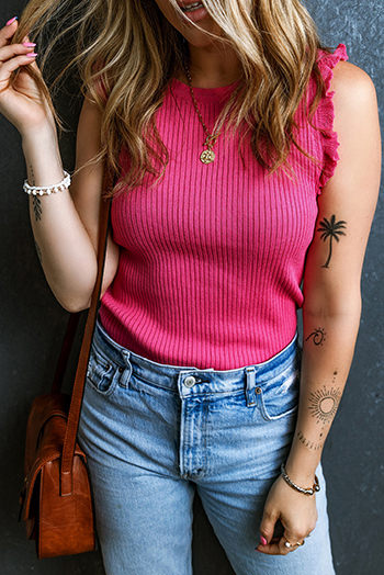 Bright Pink Ribbed Ruffled Sweater Tank