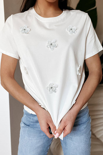 White Flower Applique Round Neck T Shirt