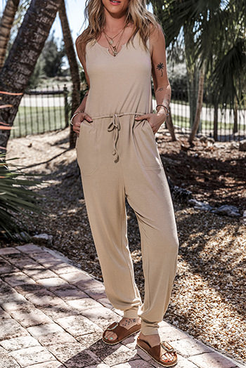 Gray Drawstring Pockets Notched Neck Sleeveless Jogger Jumpsuit