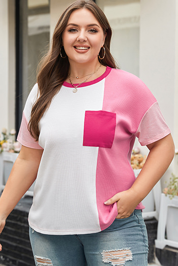 Peach Blossom Colorblock Patchwork Plus Size T Shirt