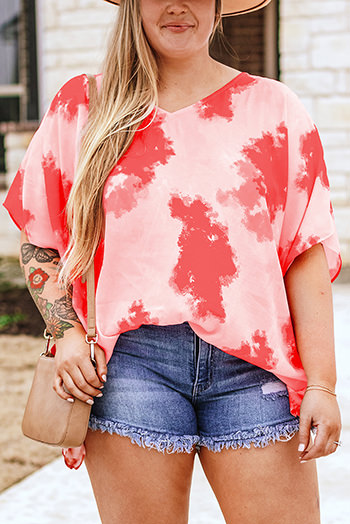 Red Plus Size Tie dye Print 3/4 Sleeve Tunic Top